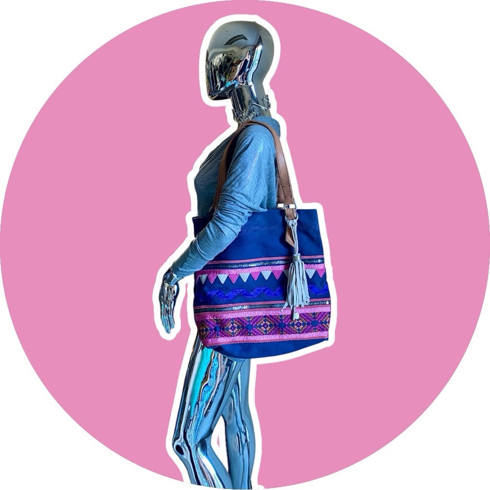 Fossil Large Boho Bag Purse Hippie Aztec Tassel Canvas Leather Strap‎ Purse
